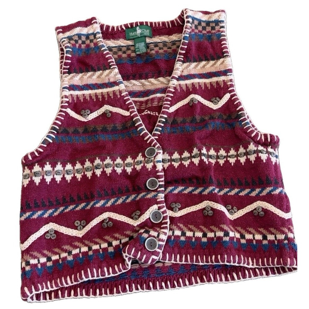 Vintage Hunt Club Petite M Southwestern Sweater Vest Ramie Cotton Boho Western